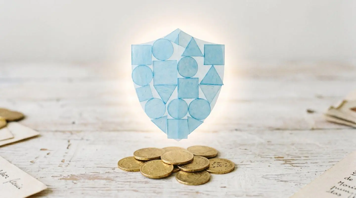 Bouclier bleu géométrique flottant au-dessus de pièces d'or, symbolisant la protection fiscale.
