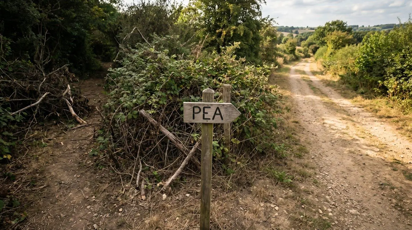 Chemin de randonnée se divisant en deux, un panneau indiquant 'PEA' sur le chemin dégagé, l'autre chemin obstrué par des ronces.