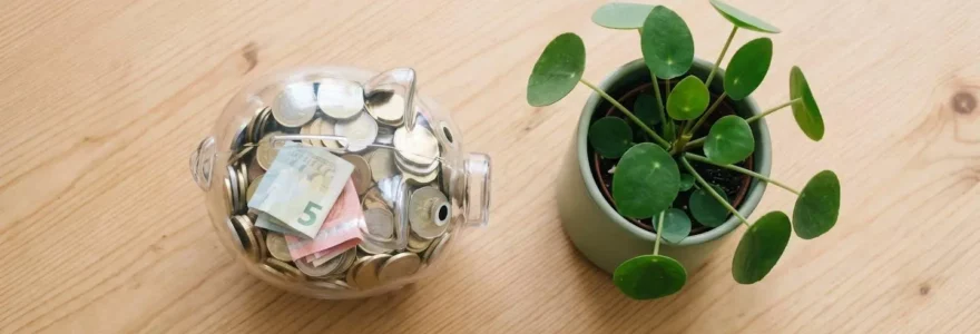 Tirelire en verre remplie de pièces et de billets, posée à côté d'une plante verte sur une table en bois.