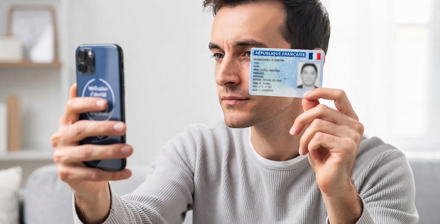 Une personne effectue une vérification d'identité par selfie dynamique avec son smartphone et sa carte d'identité pour l'ouverture de compte en ligne