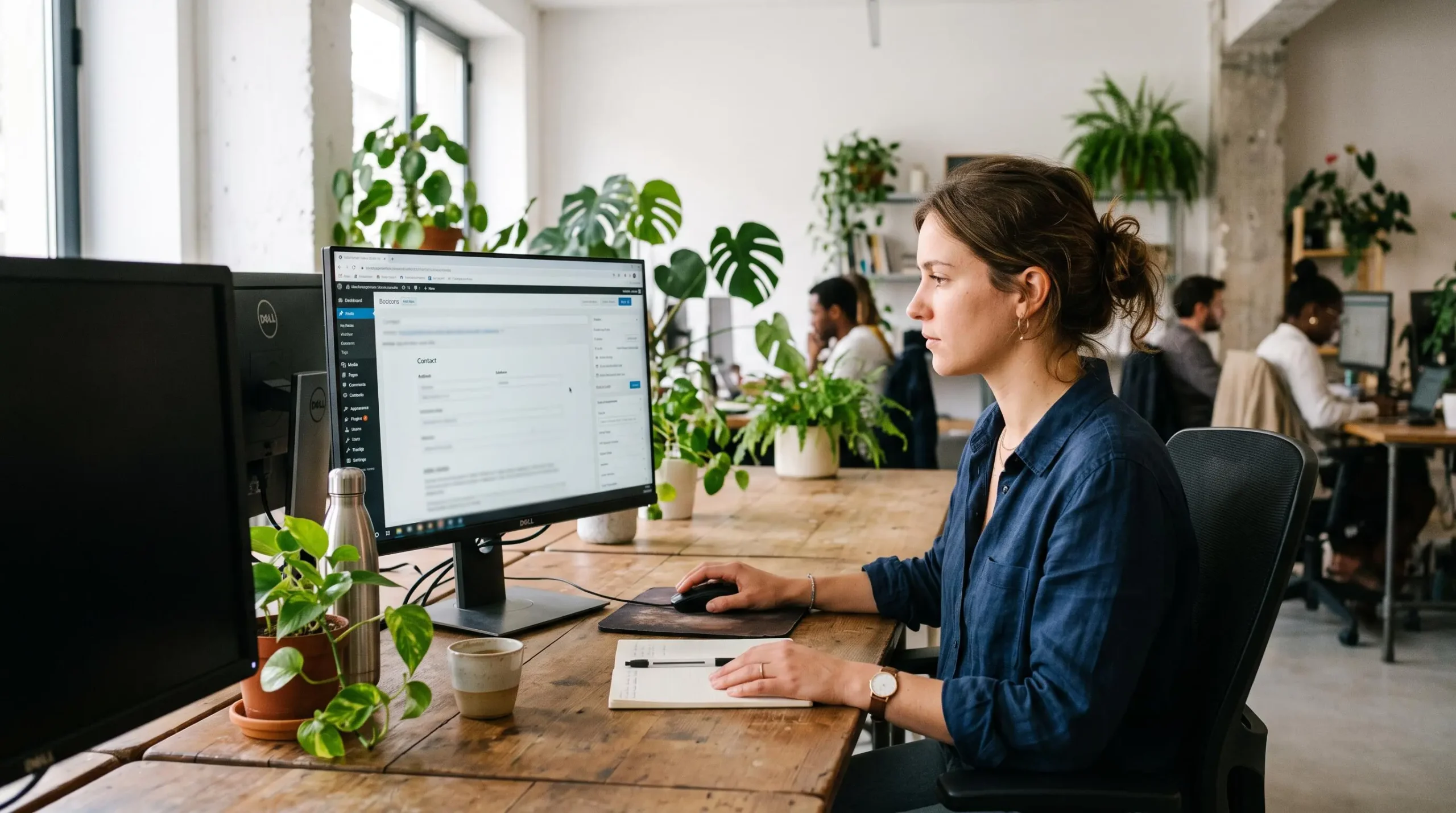 Une femme met à jour la page d'informations de son site d'entreprise sur ordinateur.